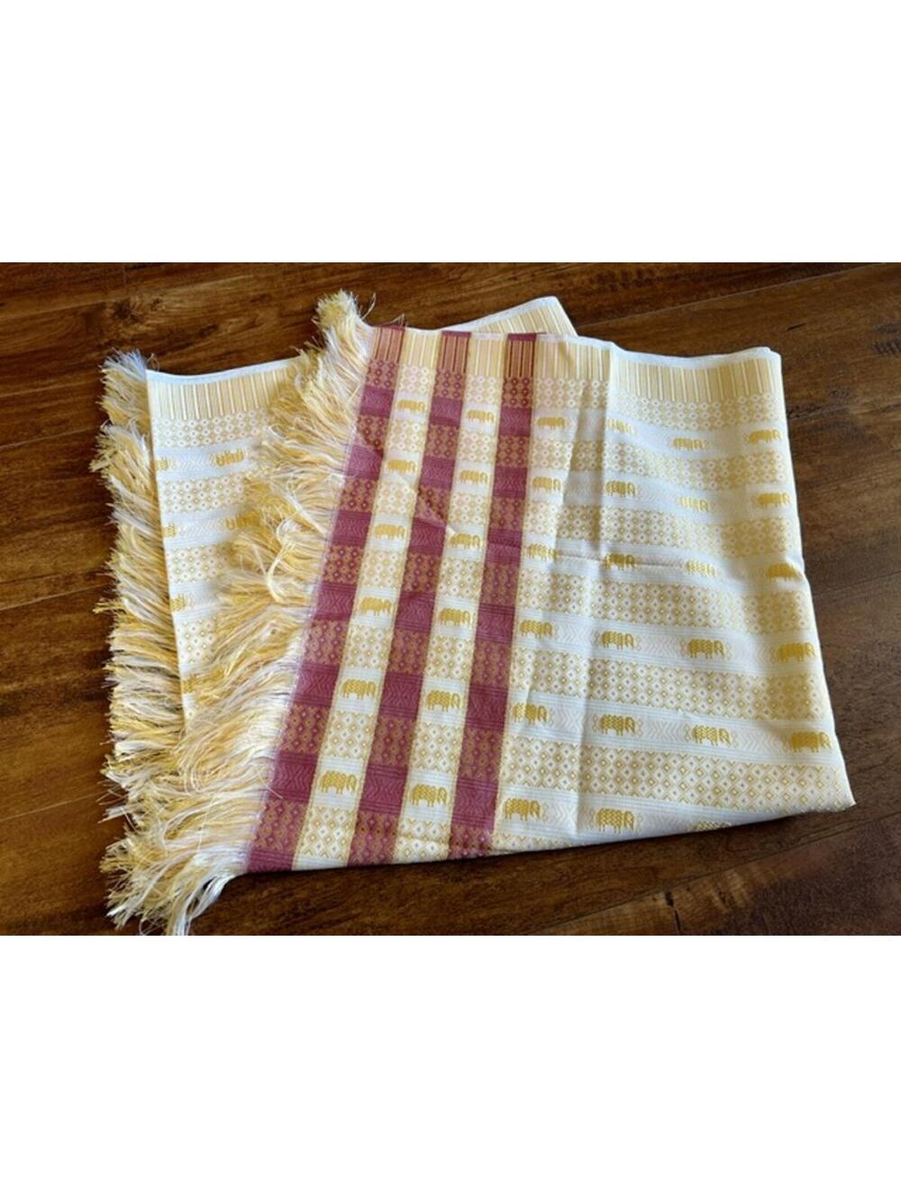 Elegant Woven Table Runner with Elephant Motif and Fringe